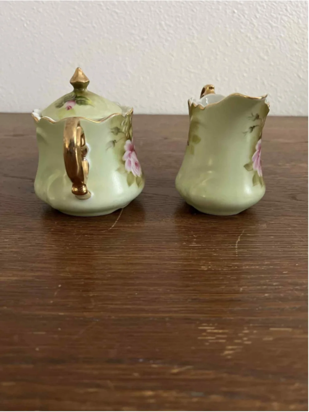 Vintage Lefton China NE3066 Hand Painted Creamer & Sugar Set Green Roses & Gold